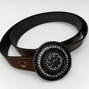 Western Belt Rhinestone Brass Medallion Leather Size L/XL 35"-40" Boho Festival